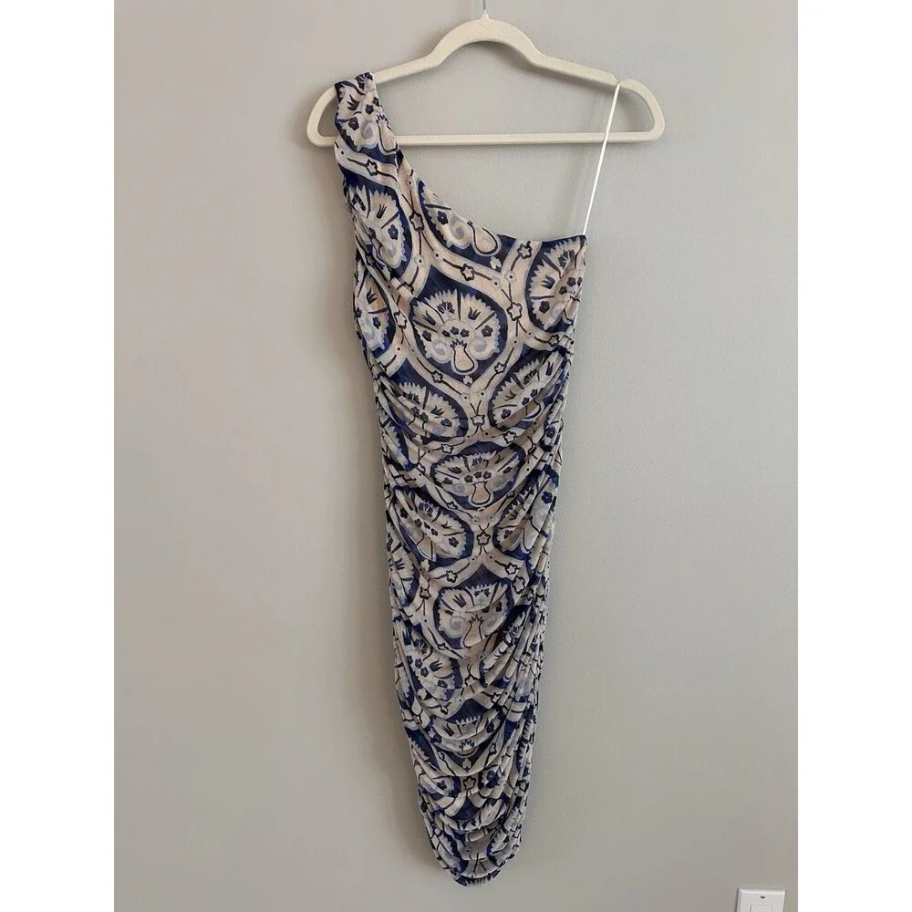 House of Harlow 1960 One Shoulder Ruched Midi Dress Blue Cream Print Size Small